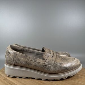 Clarks Womens Sharon Dolly Loafers Slip On Wedge Heel Pewter Size 8.5 M